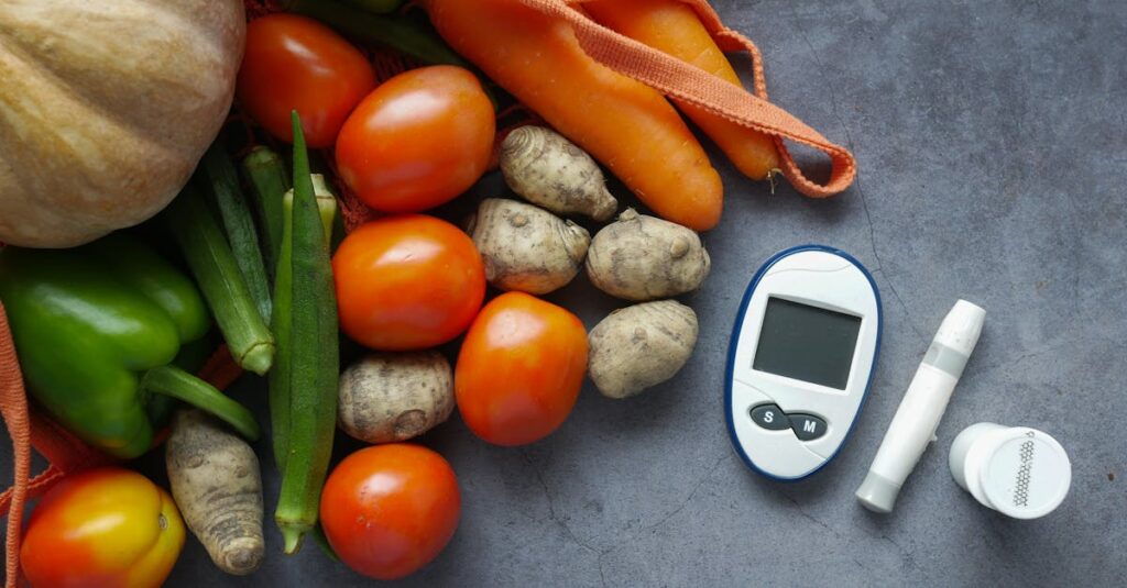 A flat lay of diabetes equipment alongside fresh vegetables promoting healthy lifestyle.
